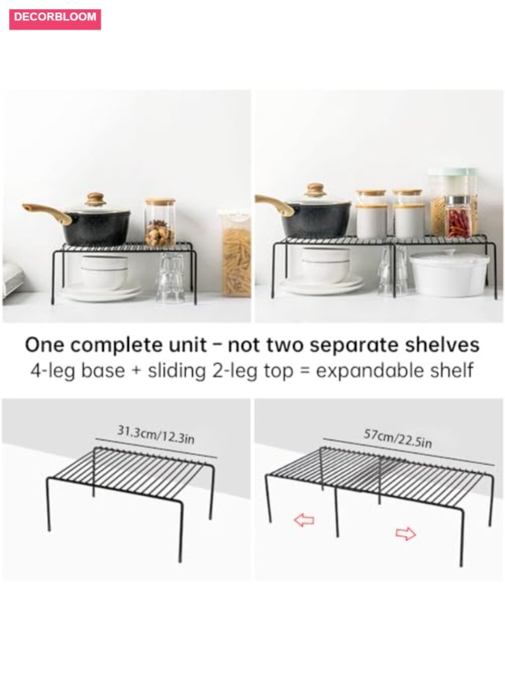 Expandable Cabinet Shelf Organizer, Extendable 12.3-22.5 in, Heavy Duty Steel, - Picture 3 of 6